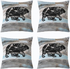 Erosebridal Bear Rustic Pillow Covers Farmhouse Style Throw Pillow Covers,Lodge Cabin Grey Blue Wooden Plank Woodland Wildlife Decorative Pillow Covers,Big Cat Sketch Room Decor 20x20 Inch Set of 4