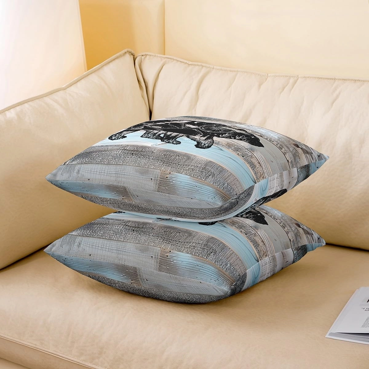 Erosebridal Bear Rustic Pillow Covers Farmhouse Style Throw Pillow Covers,Lodge Cabin Grey Blue Wooden Plank Woodland Wildlife Decorative Pillow Covers,Big Cat Sketch Room Decor 20x20 Inch Set of 4