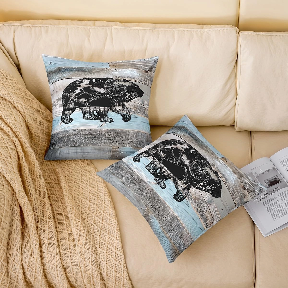 Erosebridal Bear Rustic Pillow Covers Farmhouse Style Throw Pillow Covers,Lodge Cabin Grey Blue Wooden Plank Woodland Wildlife Decorative Pillow Covers,Big Cat Sketch Room Decor 20x20 Inch Set of 4