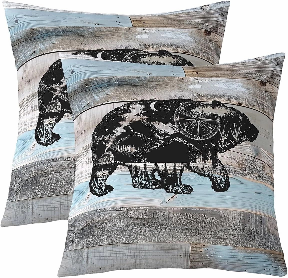 Erosebridal Bear Rustic Pillow Covers Farmhouse Style Throw Pillow Covers,Lodge Cabin Grey Blue Wooden Plank Woodland Wildlife Decorative Pillow Covers,Big Cat Sketch Room Decor 22x22 Inch Set of 2