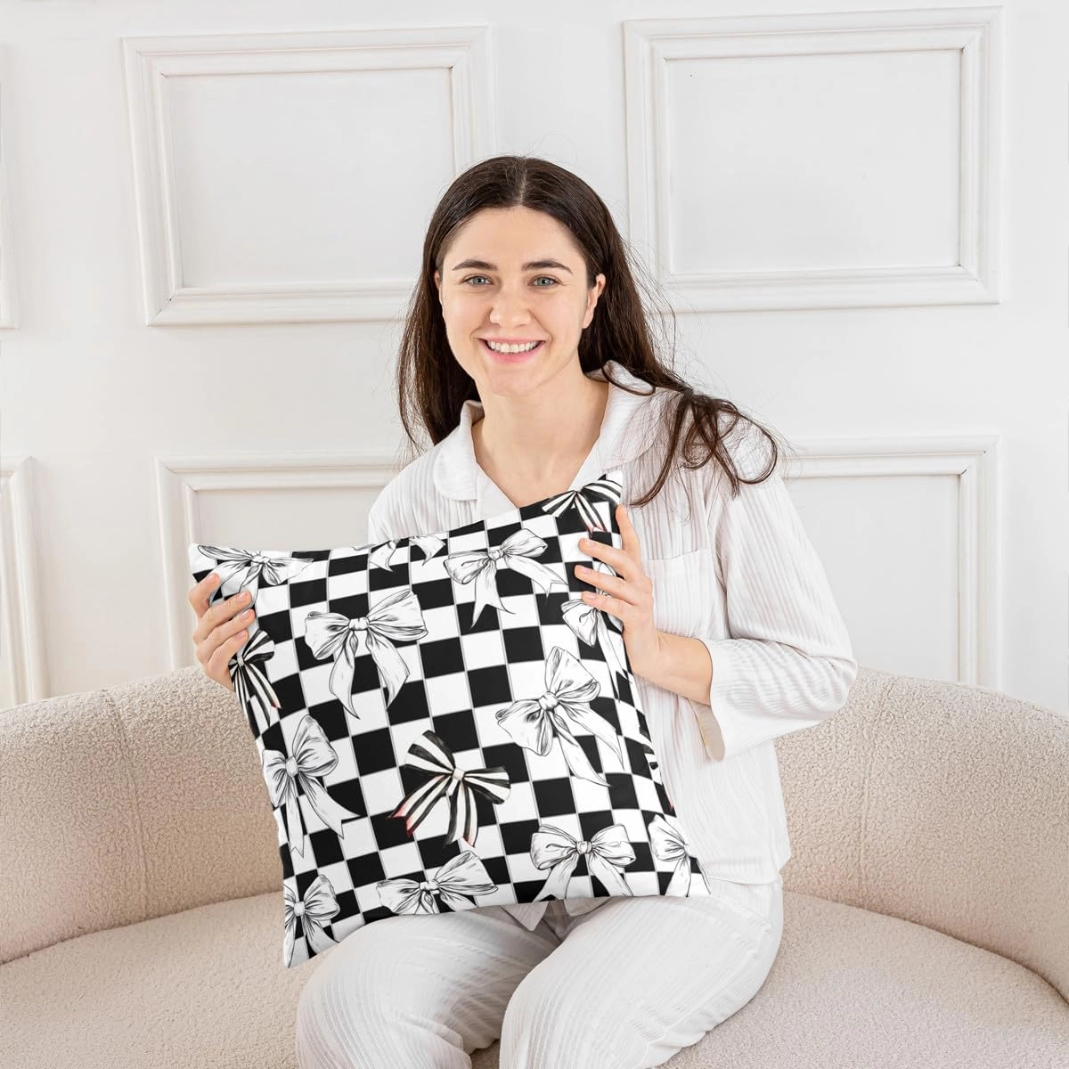 Erosebridal Bowknot Throw Pillow Covers 24x24 Inch Set of 2,Black and White Buffalo Plaid Decorative Square Pillow Cases,Geometry Grid Bow Pillow Covers,Bow Tie Coquette Pillow Inserts Not Included