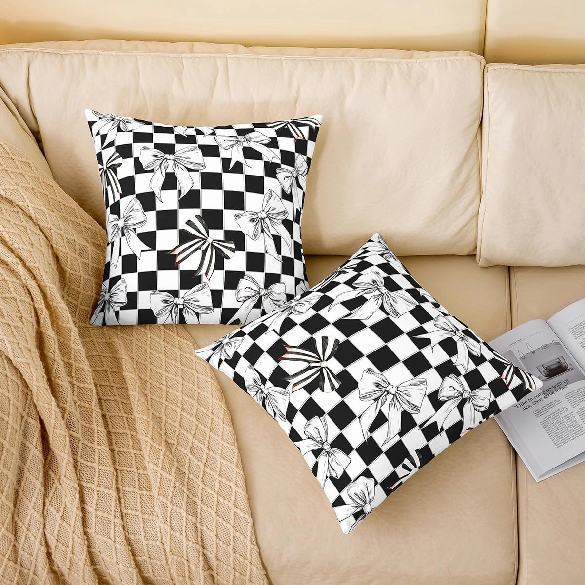 Erosebridal Bowknot Throw Pillow Covers 24x24 Inch Set of 2,Black and White Buffalo Plaid Decorative Square Pillow Cases,Geometry Grid Bow Pillow Covers,Bow Tie Coquette Pillow Inserts Not Included