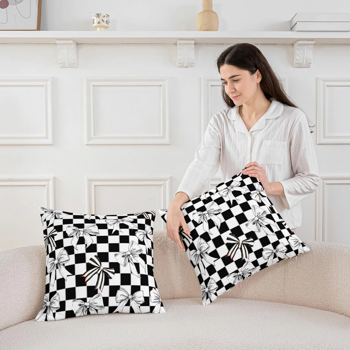 Erosebridal Bowknot Throw Pillow Covers 24x24 Inch Set of 2,Black and White Buffalo Plaid Decorative Square Pillow Cases,Geometry Grid Bow Pillow Covers,Bow Tie Coquette Pillow Inserts Not Included