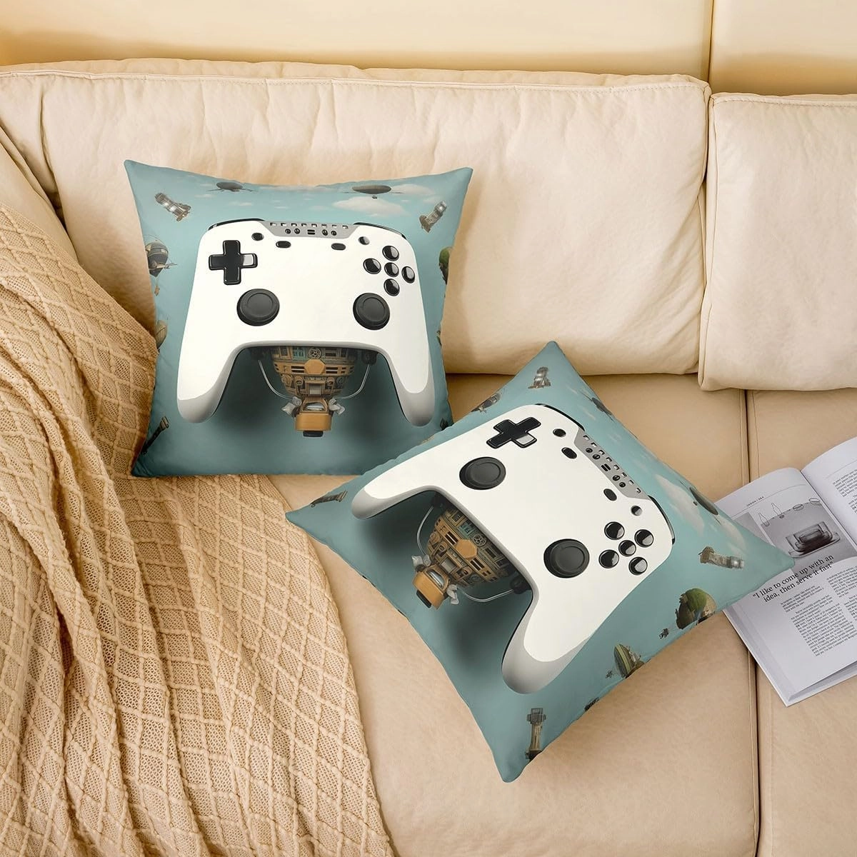 Erosebridal Boys Gamer Throw Pillow Cover,Teal Blue Gamepad Pillow Cover for Kids Children Youth,Controller Cushion Cover,Cool Video Game Controller Decorative Pillow Cover for Sofa,24x24 Inch
