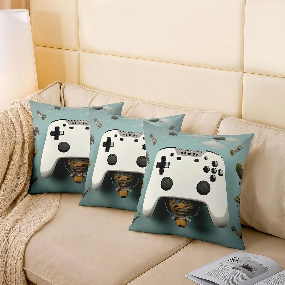 Erosebridal Boys Gamer Throw Pillow Cover,Teal Blue Gamepad Pillow Cover for Kids Children Youth,Controller Cushion Cover,Cool Video Game Controller Decorative Pillow Cover for Sofa,24x24 Inch