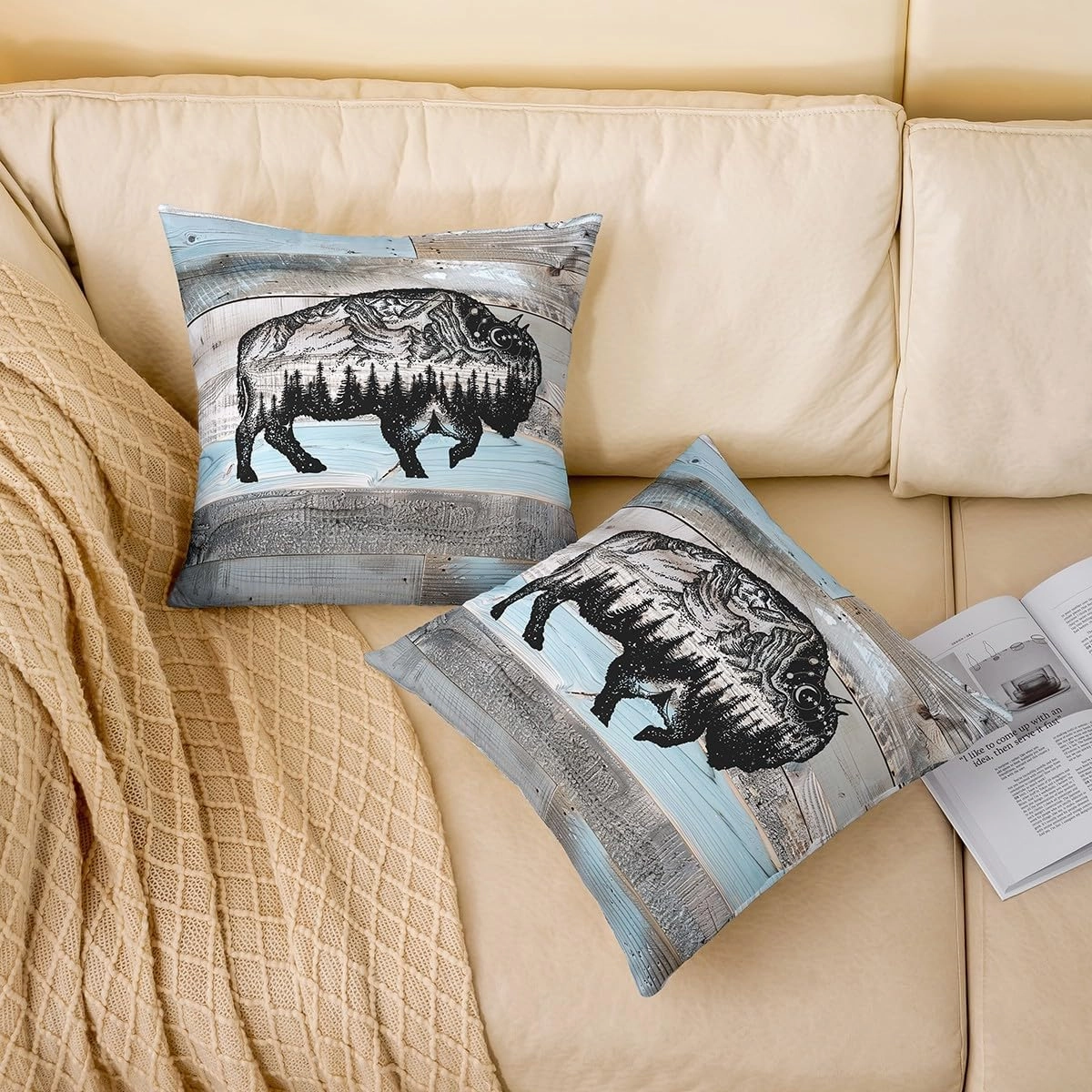 Erosebridal Bull Throw Pillow Covers 20x20 Inch Set of 4 Rustic Farmhouse Pillow Covers,Grey Blue Wooden Plank Woodland Wildlife Decorative Pillowcases,Cow Cattle Western Animal Sketch Cushion Covers