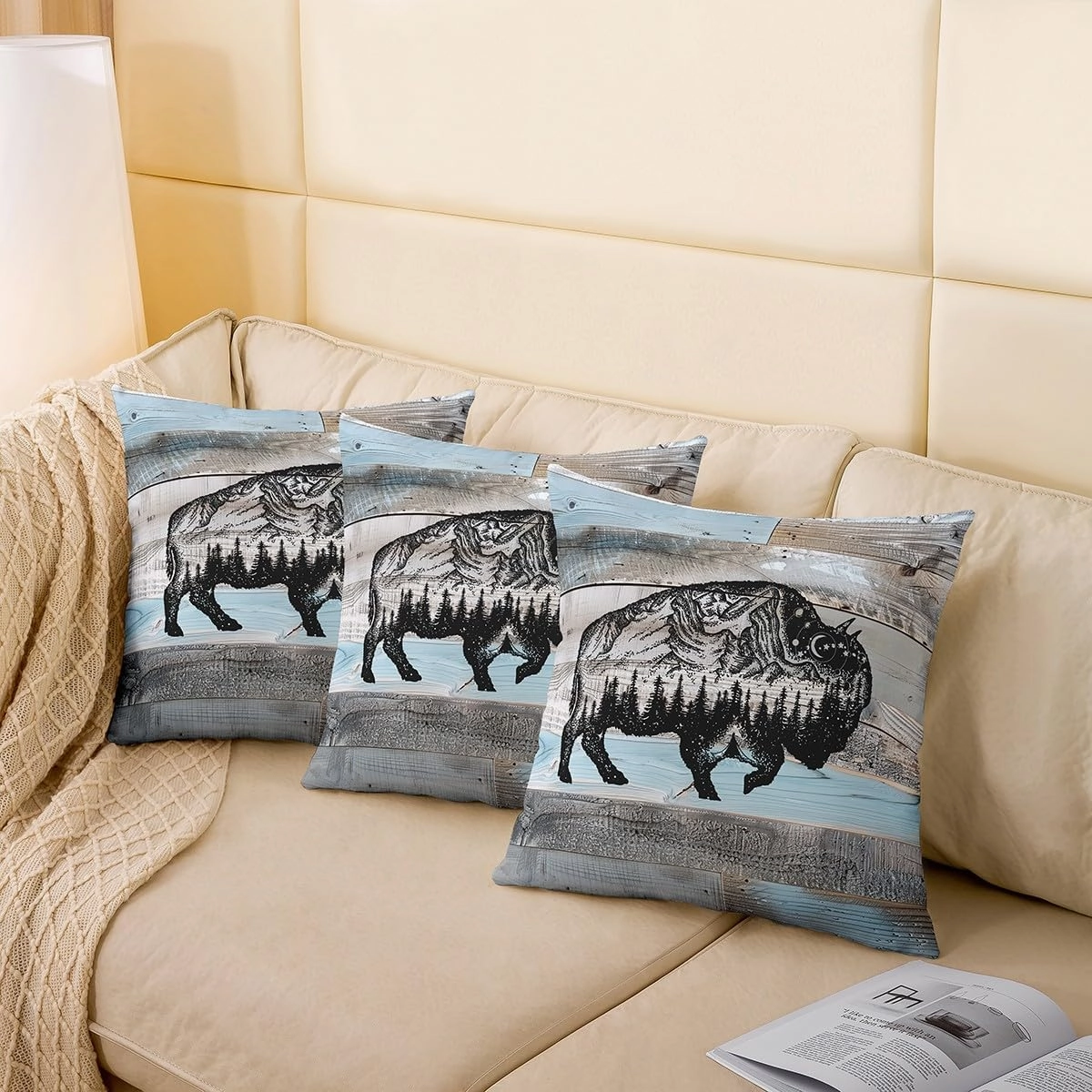 Erosebridal Bull Throw Pillow Covers 20x20 Inch Set of 4 Rustic Farmhouse Pillow Covers,Grey Blue Wooden Plank Woodland Wildlife Decorative Pillowcases,Cow Cattle Western Animal Sketch Cushion Covers