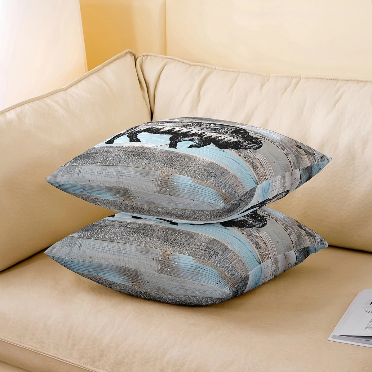 Erosebridal Bull Throw Pillow Covers 20x20 Inch Set of 4 Rustic Farmhouse Pillow Covers,Grey Blue Wooden Plank Woodland Wildlife Decorative Pillowcases,Cow Cattle Western Animal Sketch Cushion Covers