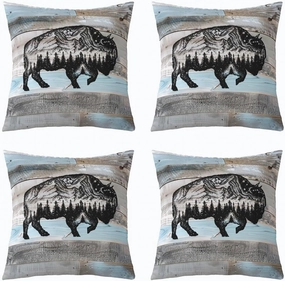 Erosebridal Bull Throw Pillow Covers 20x20 Inch Set of 4 Rustic Farmhouse Pillow Covers,Grey Blue Wooden Plank Woodland Wildlife Decorative Pillowcases,Cow Cattle Western Animal Sketch Cushion Covers