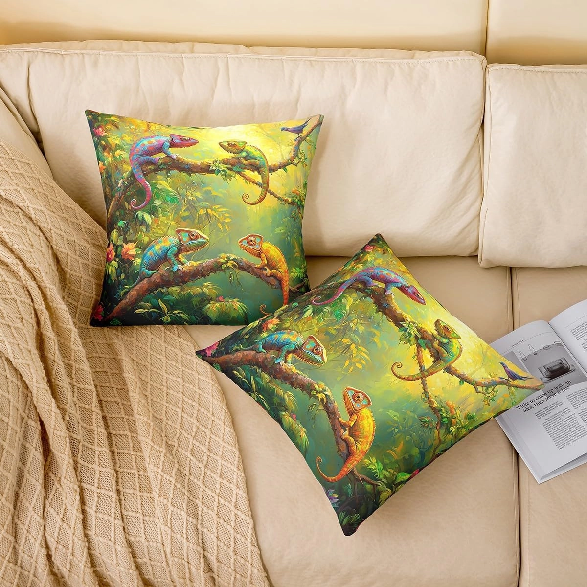 Erosebridal Chameleon Throw Pillow Covers 24x24 Inch Set of 2 3D Wild Animal Pillow Covers Western Rustic Farmstyle Nature Floral Print Pillow Inserts Not Included Wildlife Chameleon Cushion Cases