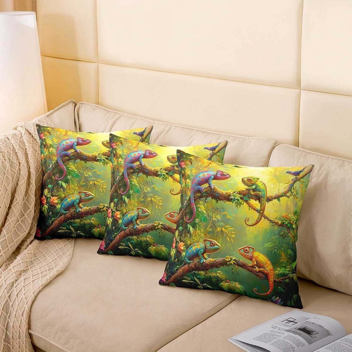 Erosebridal Chameleon Throw Pillow Covers 24x24 Inch Set of 2 3D Wild Animal Pillow Covers Western Rustic Farmstyle Nature Floral Print Pillow Inserts Not Included Wildlife Chameleon Cushion Cases