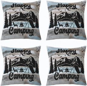Erosebridal Happy Camping Pillow Covers Rustic Farmhouse Throw Pillow Covers,Camper Black Sketch Drawing Decorative Square Pillow Cases,Retro Old Barn Door Cottage Cushion Cases 20x20 Inch Set of 4