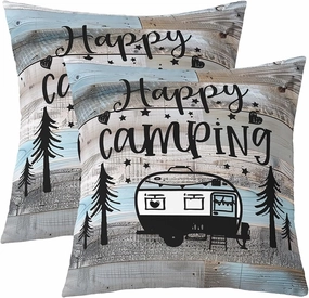 Erosebridal Happy Camping Throw Pillow Covers,Camper Decor Pillow Covers,Rustic Farmhouse Cushion Cases Cabin Decor,Vintage Wooden Planks Decorative Pillow Covers 22x22 Inch Set of 2,Blue Grey Black