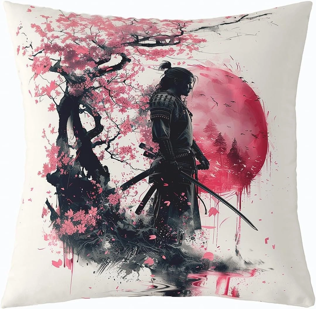 Erosebridal Japanese Style Throw Pillow Cover Japanese Anime Samurai Pillow Cover 18X18 Cherry Blossom Red Sun Cushion Cover Ink Painting Apanese Ukiyoe Decorative Pillow Cover