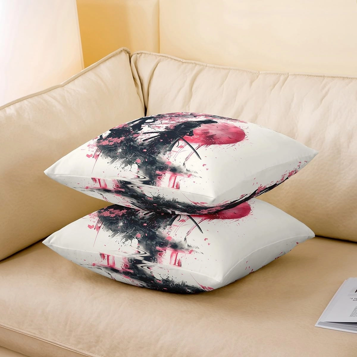 Erosebridal Japanese Style Throw Pillow Cover Japanese Anime Samurai Pillow Cover 18X18 Cherry Blossom Red Sun Cushion Cover Ink Painting Apanese Ukiyoe Decorative Pillow Cover