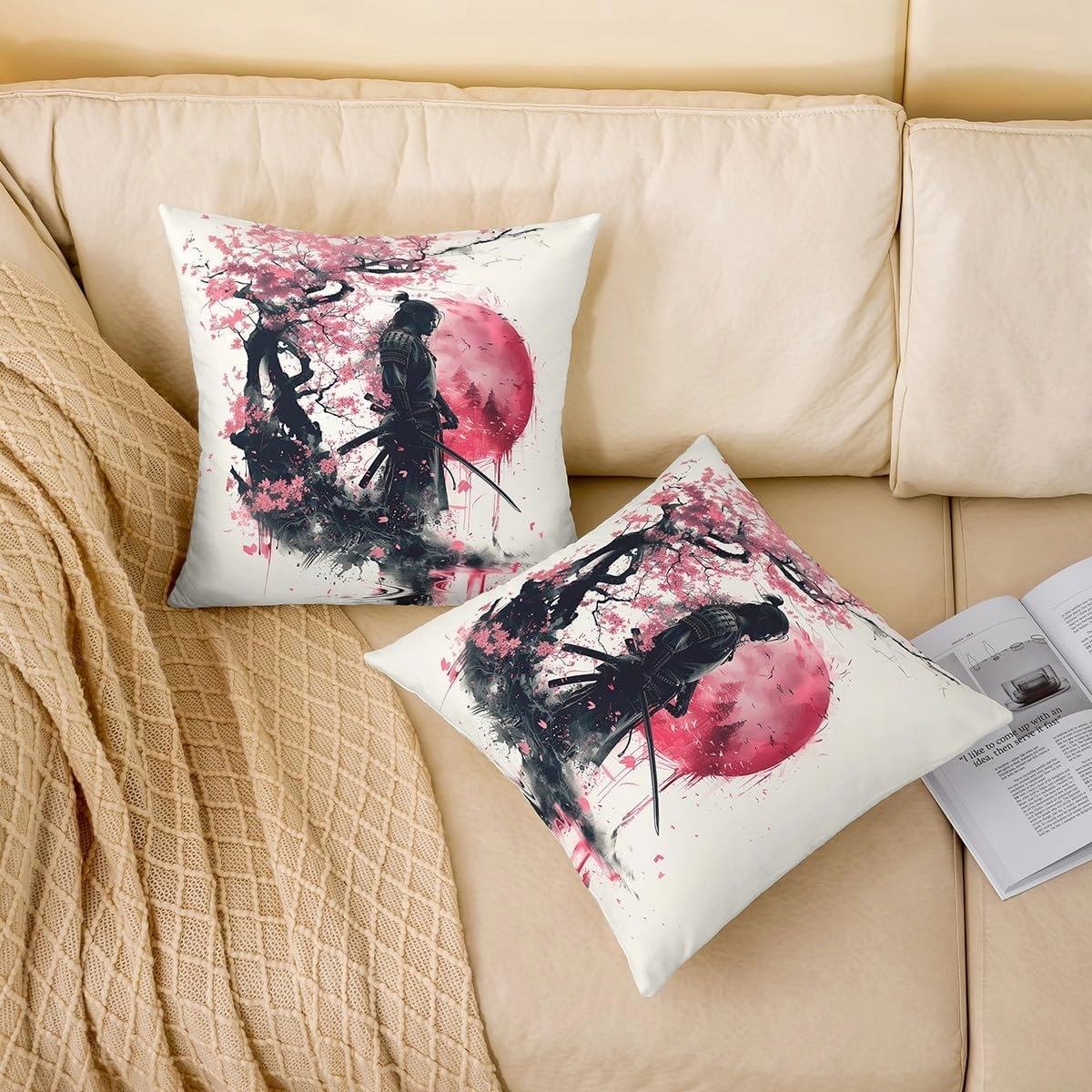 Erosebridal Japanese Style Throw Pillow Cover Japanese Anime Samurai Pillow Cover 18X18 Cherry Blossom Red Sun Cushion Cover Ink Painting Apanese Ukiyoe Decorative Pillow Cover