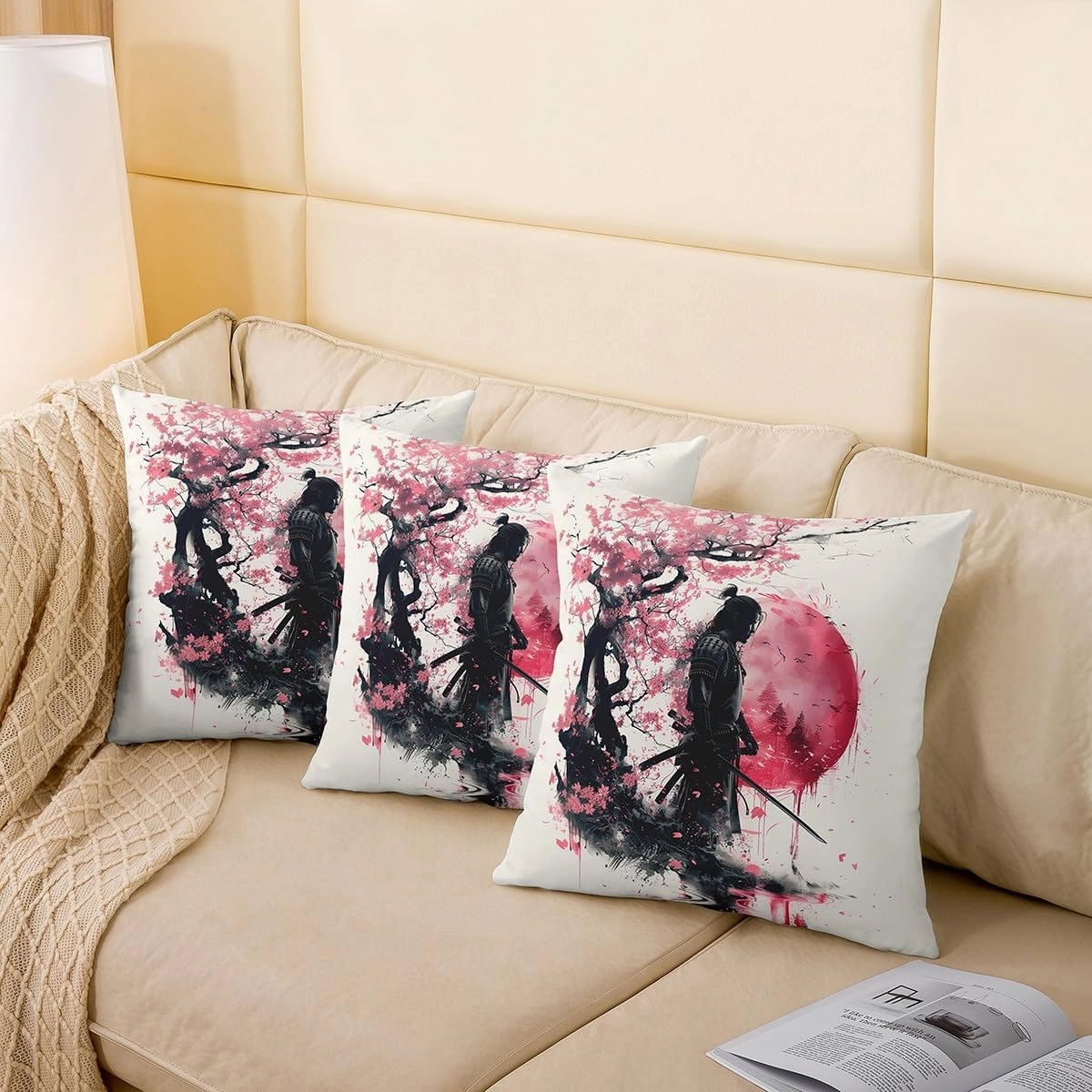 Erosebridal Japanese Style Throw Pillow Cover Japanese Anime Samurai Pillow Cover 18X18 Cherry Blossom Red Sun Cushion Cover Ink Painting Apanese Ukiyoe Decorative Pillow Cover