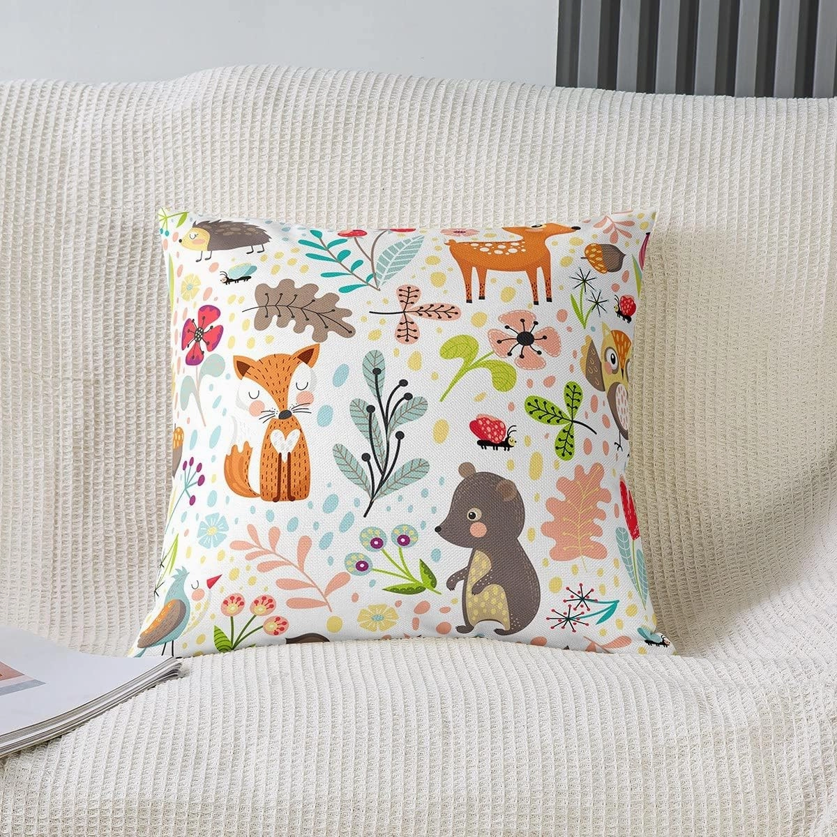 Erosebridal Kids Fox Cushion Covers 18x18 Set of 2, Cartoon Bear Deer Throw Pillow Covers for Outdoors Chair Car, Cute Flower Animal Decorative Pillow Covers, Wild Flower Leaf Decor Pillow Covers