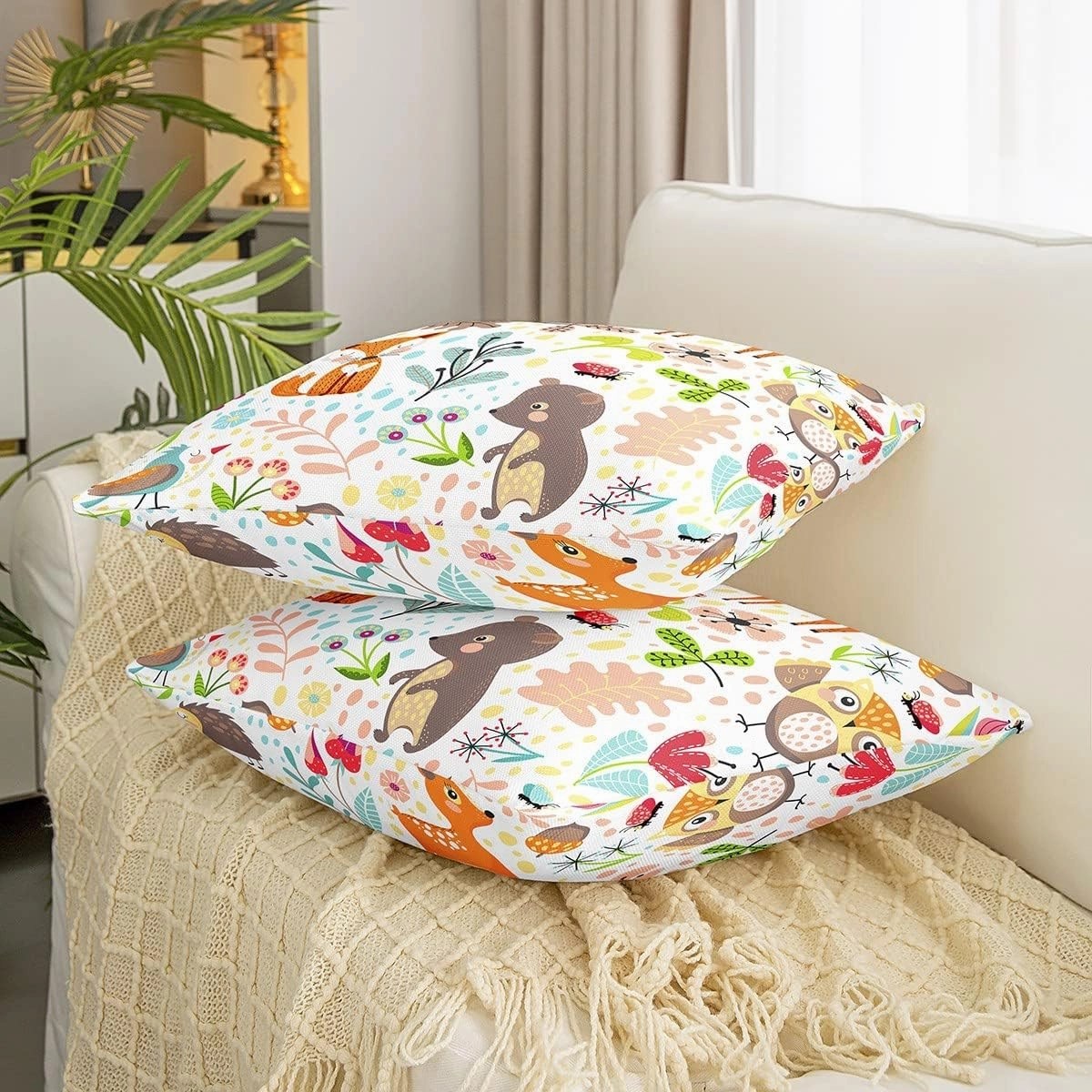 Erosebridal Kids Fox Cushion Covers 18x18 Set of 2, Cartoon Bear Deer Throw Pillow Covers for Outdoors Chair Car, Cute Flower Animal Decorative Pillow Covers, Wild Flower Leaf Decor Pillow Covers