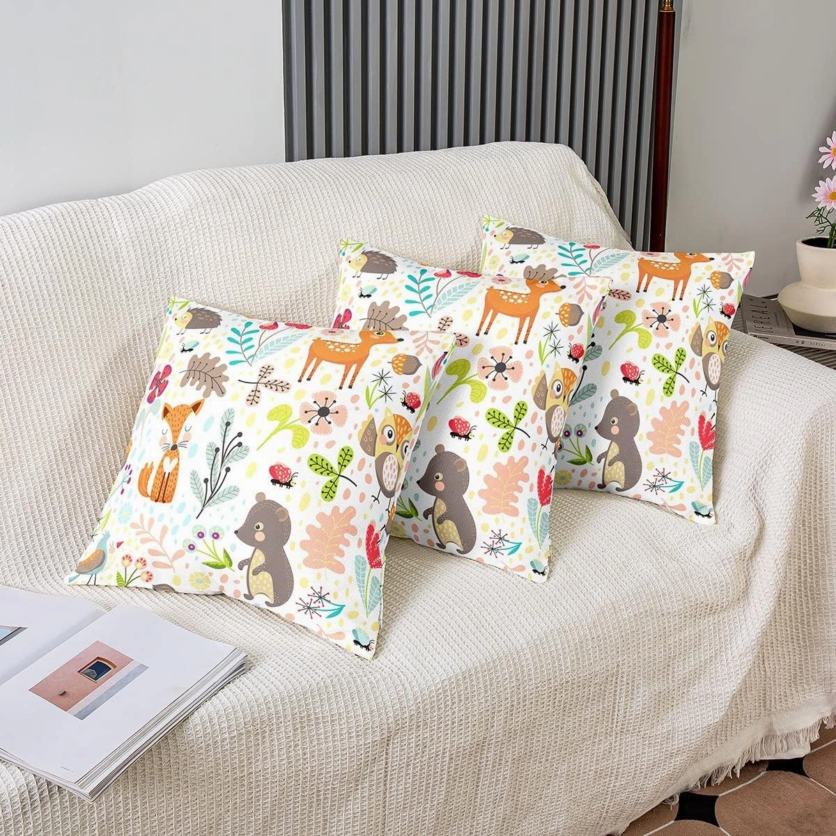 Erosebridal Kids Fox Cushion Covers 18x18 Set of 2, Cartoon Bear Deer Throw Pillow Covers for Outdoors Chair Car, Cute Flower Animal Decorative Pillow Covers, Wild Flower Leaf Decor Pillow Covers