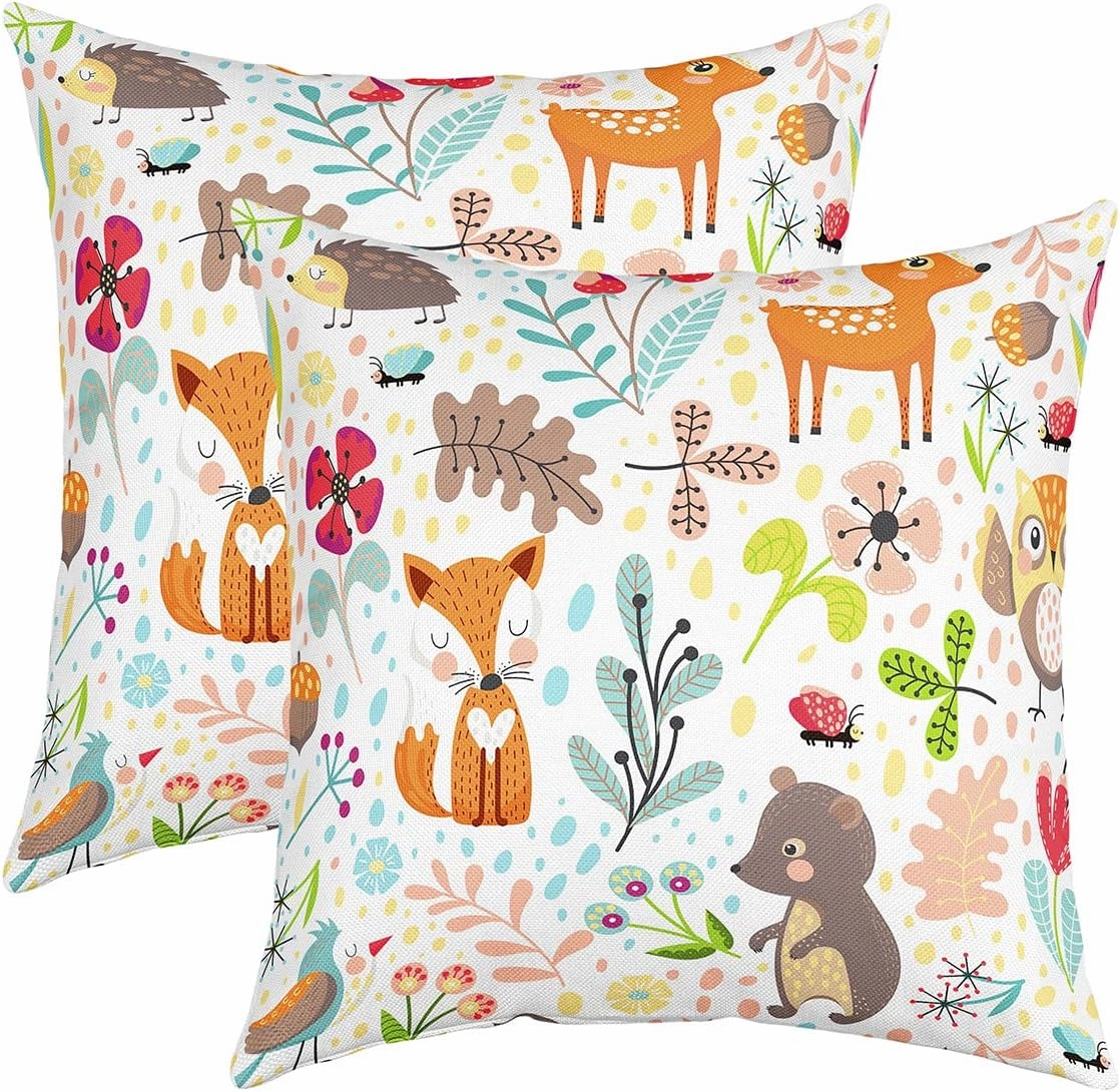 Erosebridal Kids Fox Cushion Covers 18x18 Set of 2, Cartoon Bear Deer Throw Pillow Covers for Outdoors Chair Car, Cute Flower Animal Decorative Pillow Covers, Wild Flower Leaf Decor Pillow Covers
