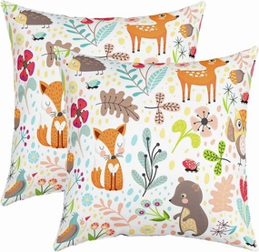 Erosebridal Kids Fox Cushion Covers 18x18 Set of 2, Cartoon Bear Deer Throw Pillow Covers for Outdoors Chair Car, Cute Flower Animal Decorative Pillow Covers, Wild Flower Leaf Decor Pillow Covers