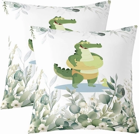 Erosebridal Pack of 2 Kids Cute Crocodile 18x18 Throw Pillow Covers,Kawaii Animal Pillow Covers,Funny Cartoon Wildlife Cushion Covers for Boys Girls,White Minimalist Style Decorative Pillow Covers