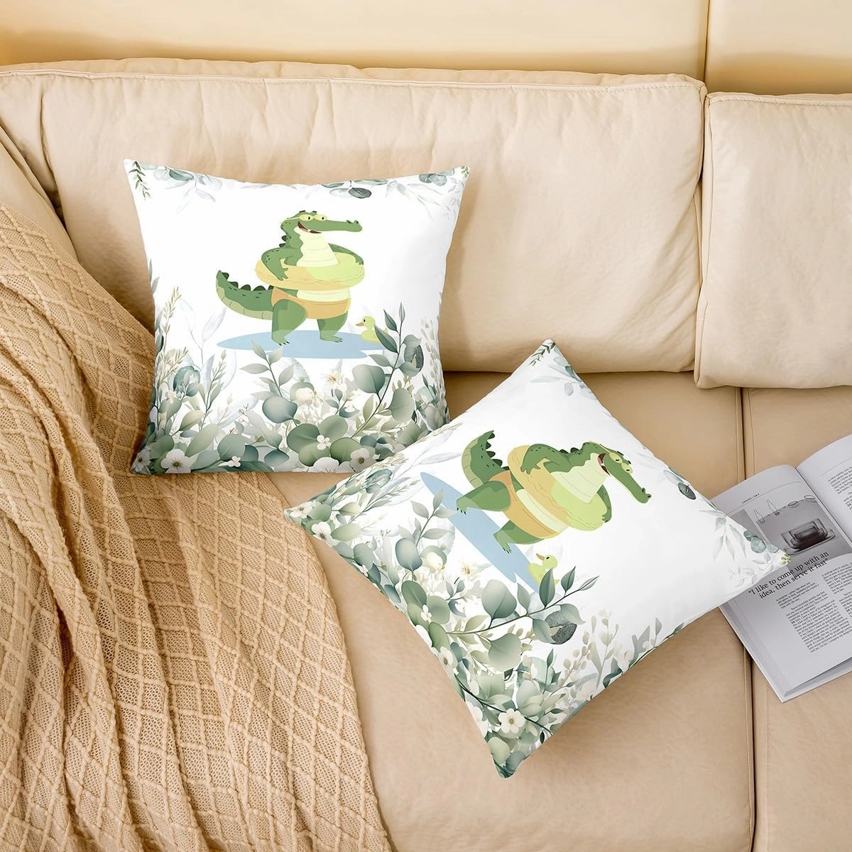 Erosebridal Pack of 2 Kids Cute Crocodile 18x18 Throw Pillow Covers,Kawaii Animal Pillow Covers,Funny Cartoon Wildlife Cushion Covers for Boys Girls,White Minimalist Style Decorative Pillow Covers