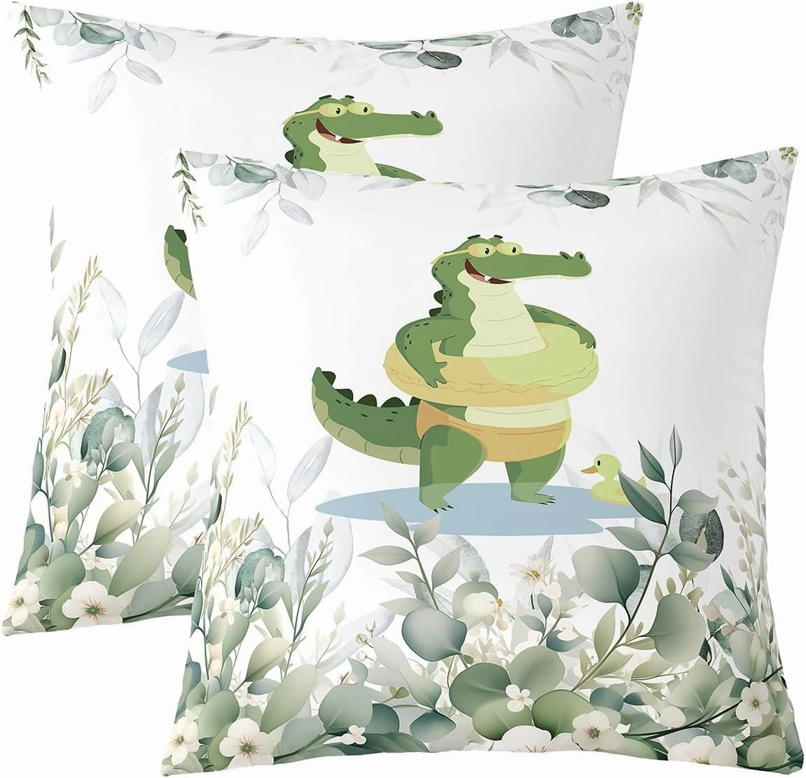 Erosebridal Pack of 2 Kids Cute Crocodile 18x18 Throw Pillow Covers,Kawaii Animal Pillow Covers,Funny Cartoon Wildlife Cushion Covers for Boys Girls,White Minimalist Style Decorative Pillow Covers