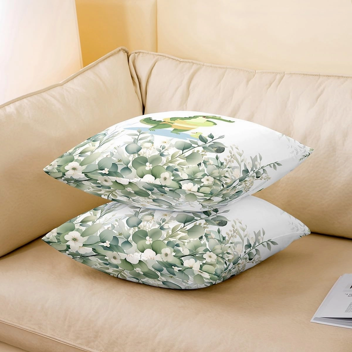 Erosebridal Pack of 2 Kids Cute Crocodile 18x18 Throw Pillow Covers,Kawaii Animal Pillow Covers,Funny Cartoon Wildlife Cushion Covers for Boys Girls,White Minimalist Style Decorative Pillow Covers