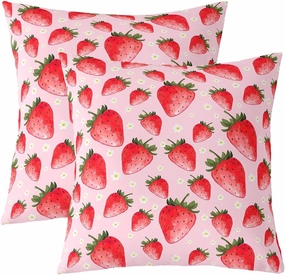 Erosebridal Pink Strawberry Pillow Covers Set of 2 Small Wild Flower Floral Throw Pillow Covers for Kids Boys Girls Teens Kawaii Watercolor Fruit Cushion Cases Strawberry Room Decor,22x22 Inch