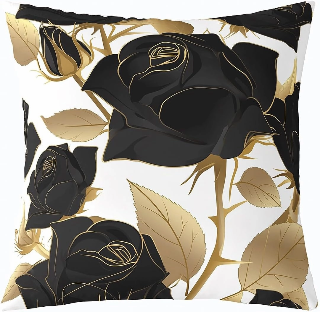 Erosebridal Rose Set of 4 Throw Pillow Covers 16x16 Inch, Black Roses Golden Leaves Pillow Covers, Romantic Mysterious Elegant Cushion Covers, Botanical Flowers Decorative Pillow Covers