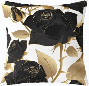 Erosebridal Rose Set of 4 Throw Pillow Covers 16x16 Inch, Black Roses Golden Leaves Pillow Covers, Romantic Mysterious Elegant Cushion Covers, Botanical Flowers Decorative Pillow Covers