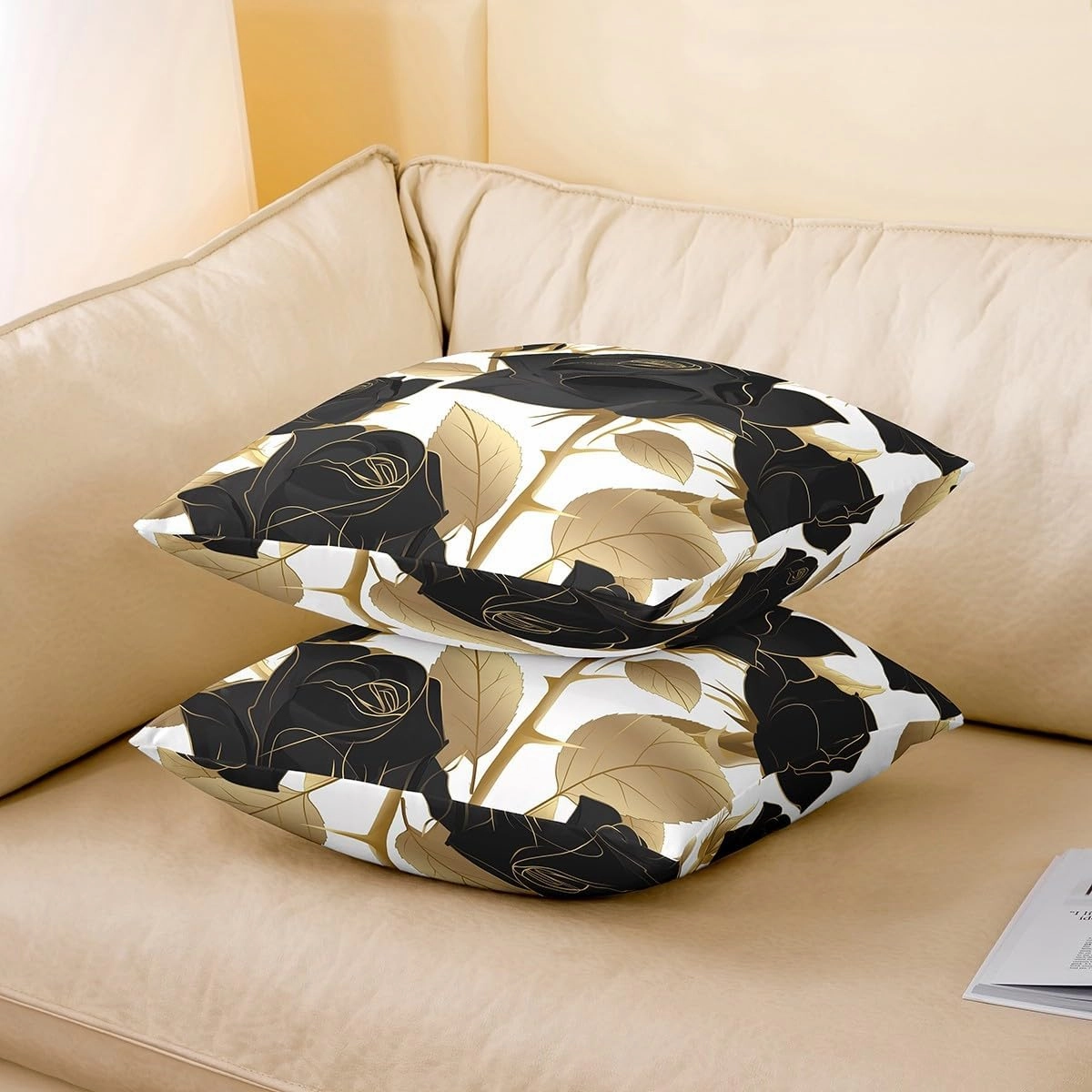 Erosebridal Rose Set of 4 Throw Pillow Covers 16x16 Inch, Black Roses Golden Leaves Pillow Covers, Romantic Mysterious Elegant Cushion Covers, Botanical Flowers Decorative Pillow Covers