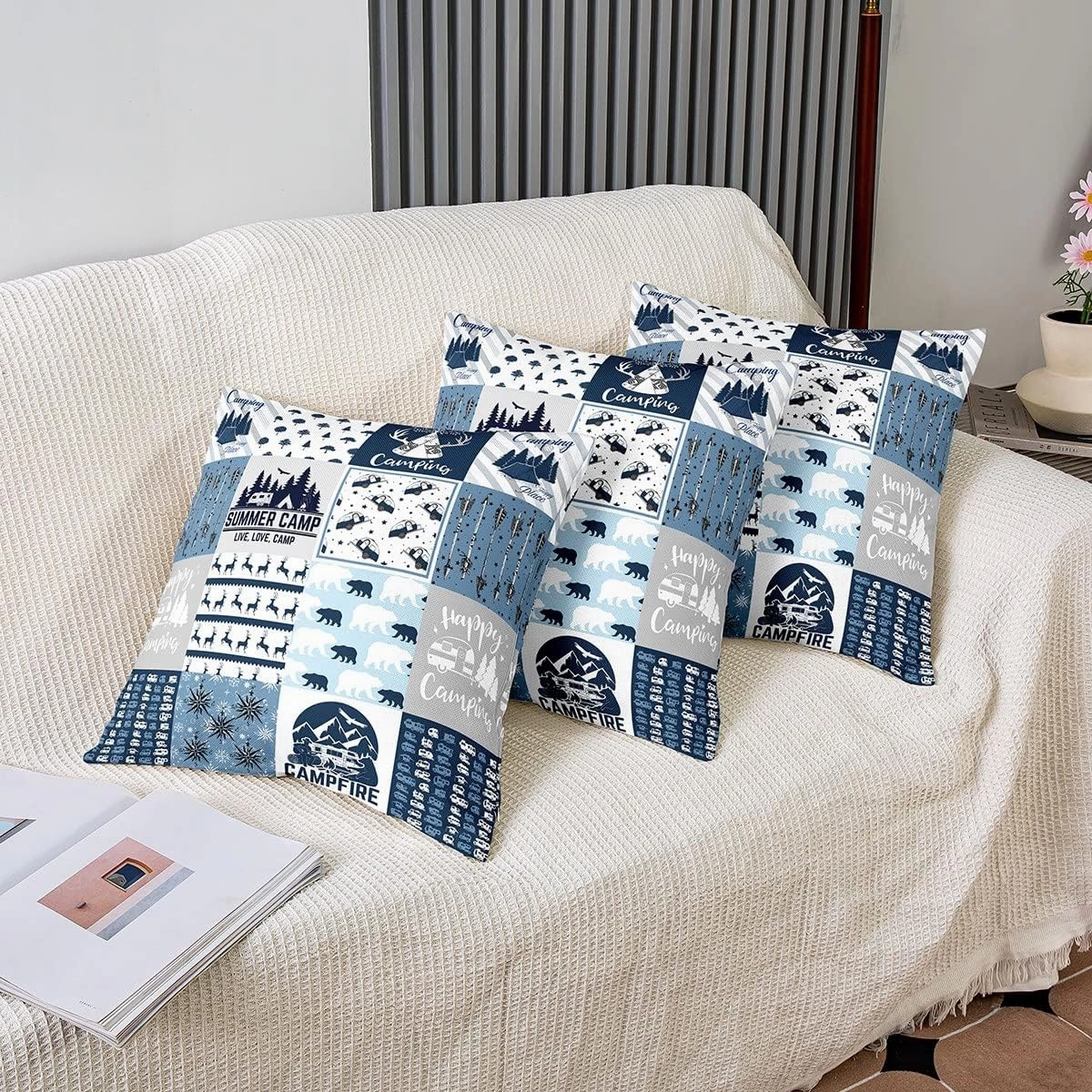 Erosebridal Rustic Modern Farmhouse Pillow Covers, Camper Throw Pillow Covers Happy Camping Car Cushion Covers for Outdoors Chair, Polar Bear Deer Animal Decorative Square Pillow Cases 18x18 Set of 2