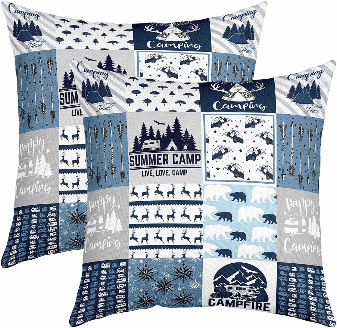 Erosebridal Rustic Modern Farmhouse Pillow Covers, Camper Throw Pillow Covers Happy Camping Car Cushion Covers for Outdoors Chair, Polar Bear Deer Animal Decorative Square Pillow Cases 18x18 Set of 2