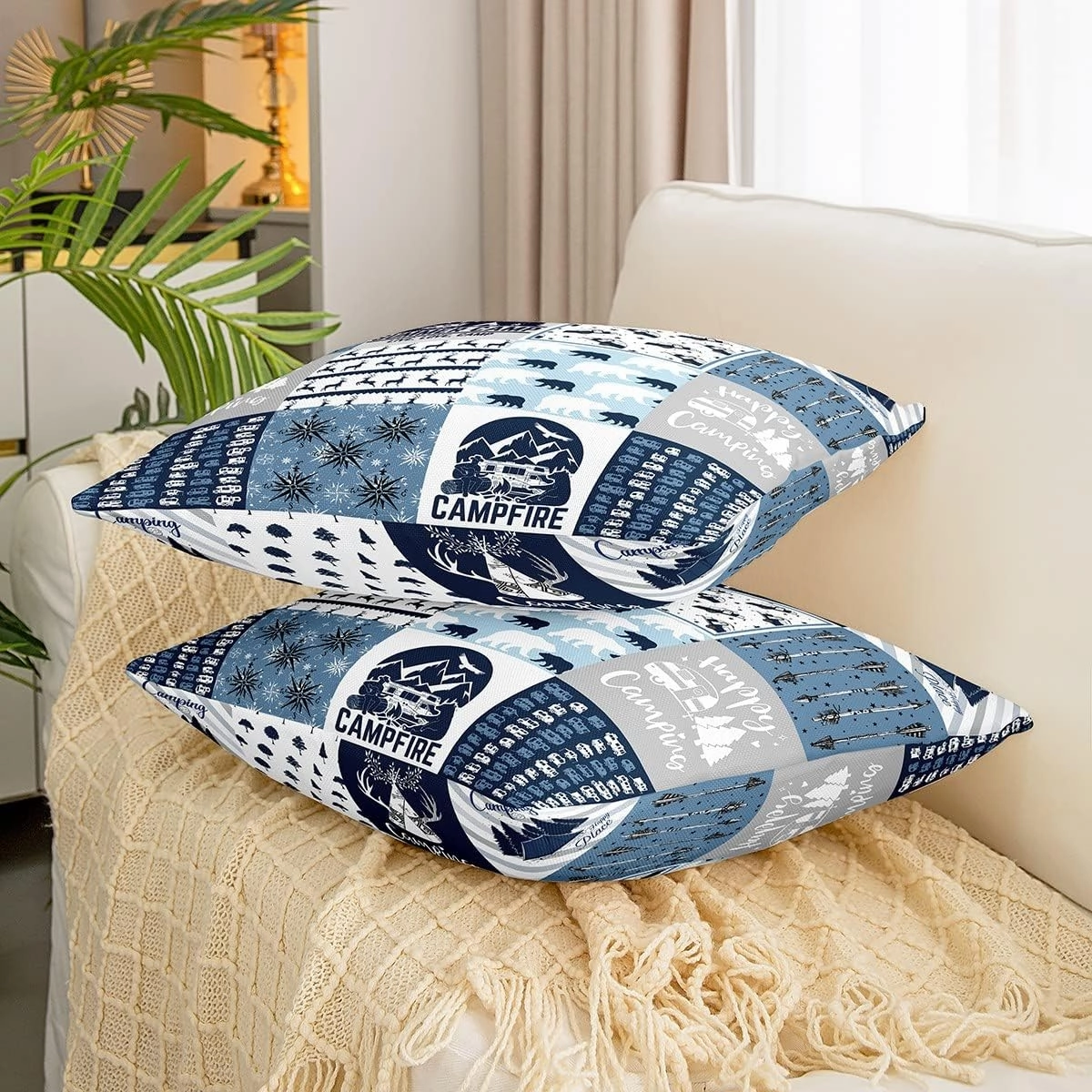 Erosebridal Rustic Modern Farmhouse Pillow Covers, Camper Throw Pillow Covers Happy Camping Car Cushion Covers for Outdoors Chair, Polar Bear Deer Animal Decorative Square Pillow Cases 18x18 Set of 2