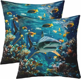 Erosebridal Shark Throw Pillow Covers Set of 2 3D Shark Cushion Cases for Kids Boys Girls Sea Animals Pillow Covers Ocean Sea Wave Fishes Room Decor,22x22 Inch