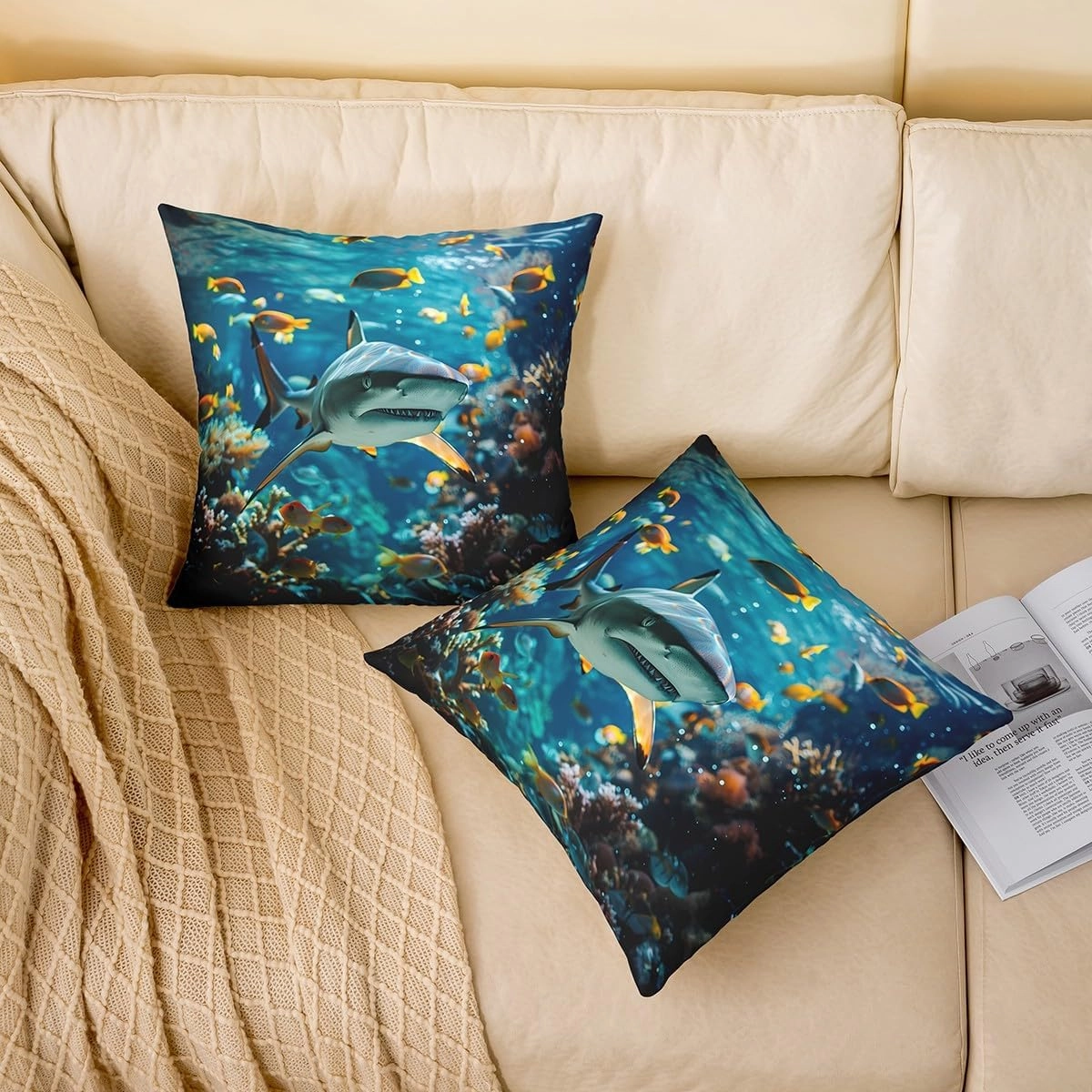 Erosebridal Shark Throw Pillow Covers Set of 2 3D Shark Cushion Cases for Kids Boys Girls Sea Animals Pillow Covers Ocean Sea Wave Fishes Room Decor,22x22 Inch