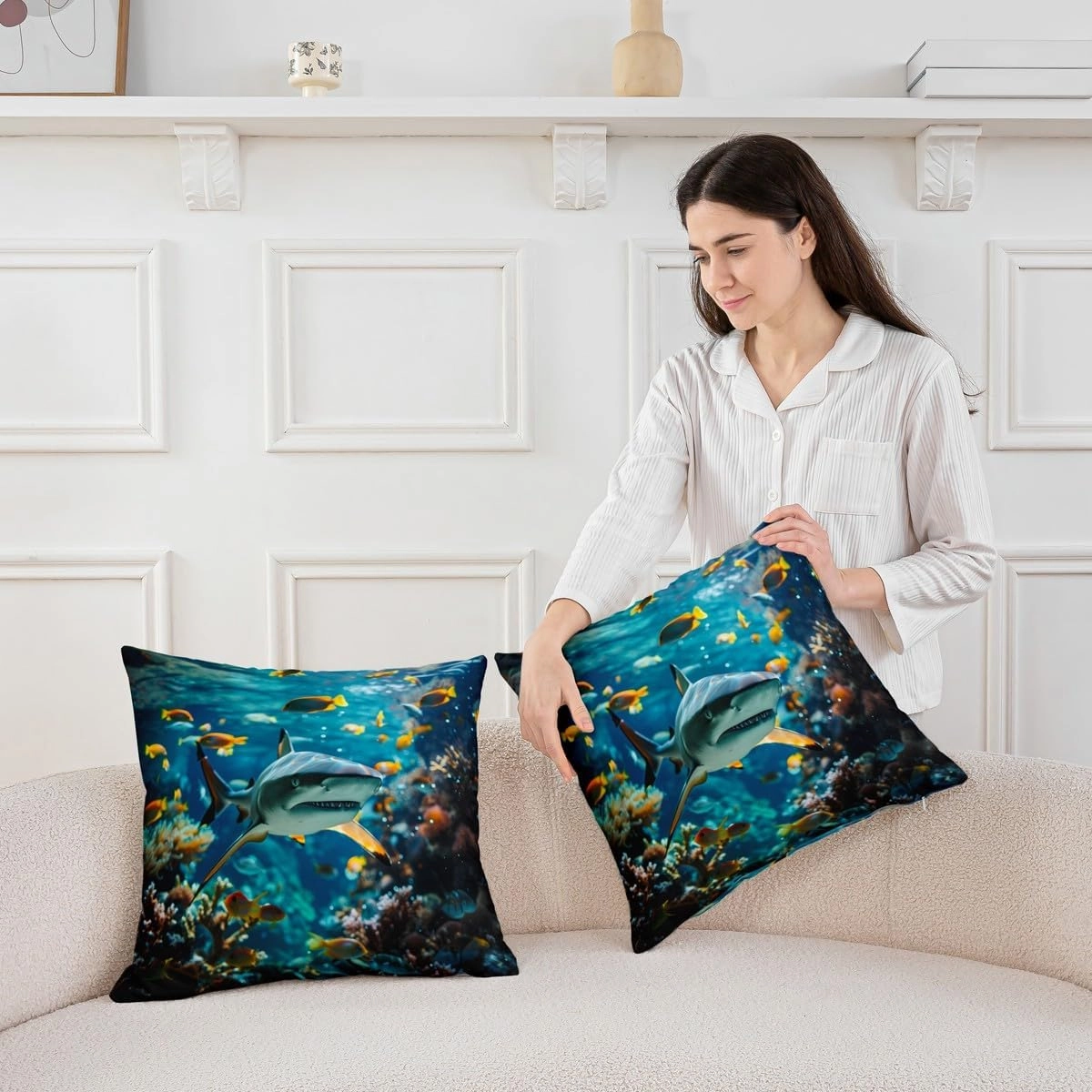 Erosebridal Shark Throw Pillow Covers Set of 2 3D Shark Cushion Cases for Kids Boys Girls Sea Animals Pillow Covers Ocean Sea Wave Fishes Room Decor,22x22 Inch