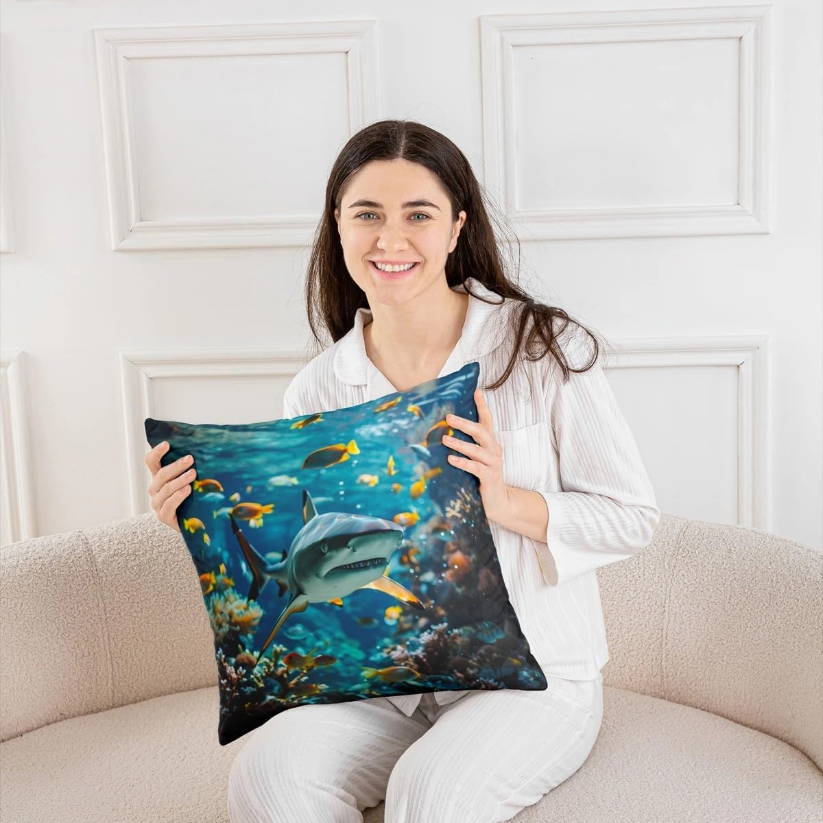 Erosebridal Shark Throw Pillow Covers Set of 2 3D Shark Cushion Cases for Kids Boys Girls Sea Animals Pillow Covers Ocean Sea Wave Fishes Room Decor,22x22 Inch