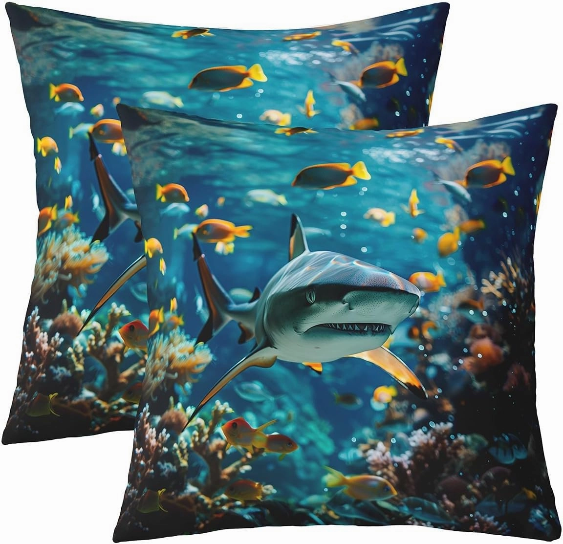 Erosebridal Shark Throw Pillow Covers Set of 2 3D Shark Cushion Cases for Kids Boys Girls Sea Animals Pillow Covers Ocean Sea Wave Fishes Room Decor,22x22 Inch