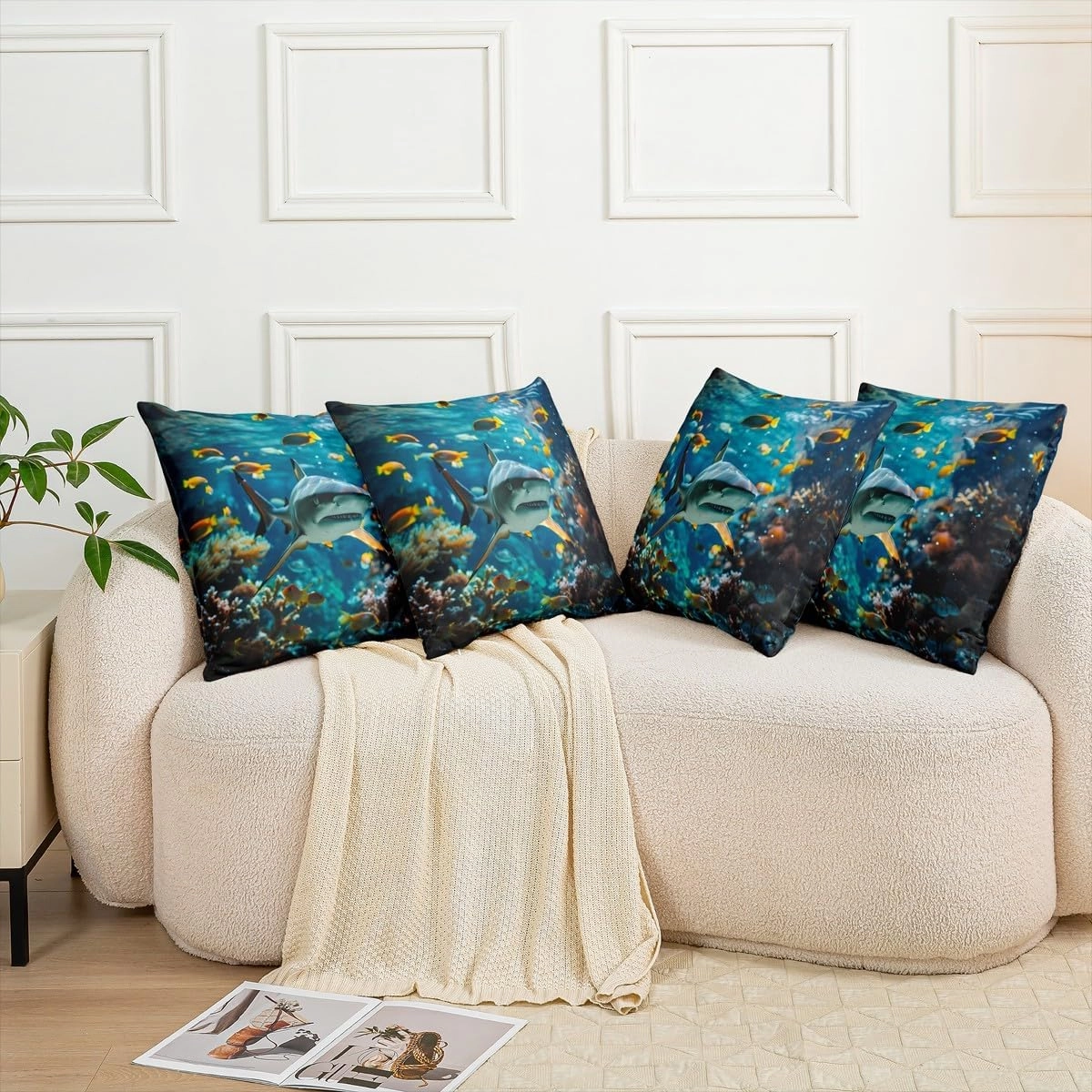 Erosebridal Shark Throw Pillow Covers Set of 2 3D Shark Cushion Cases for Kids Boys Girls Sea Animals Pillow Covers Ocean Sea Wave Fishes Room Decor,22x22 Inch