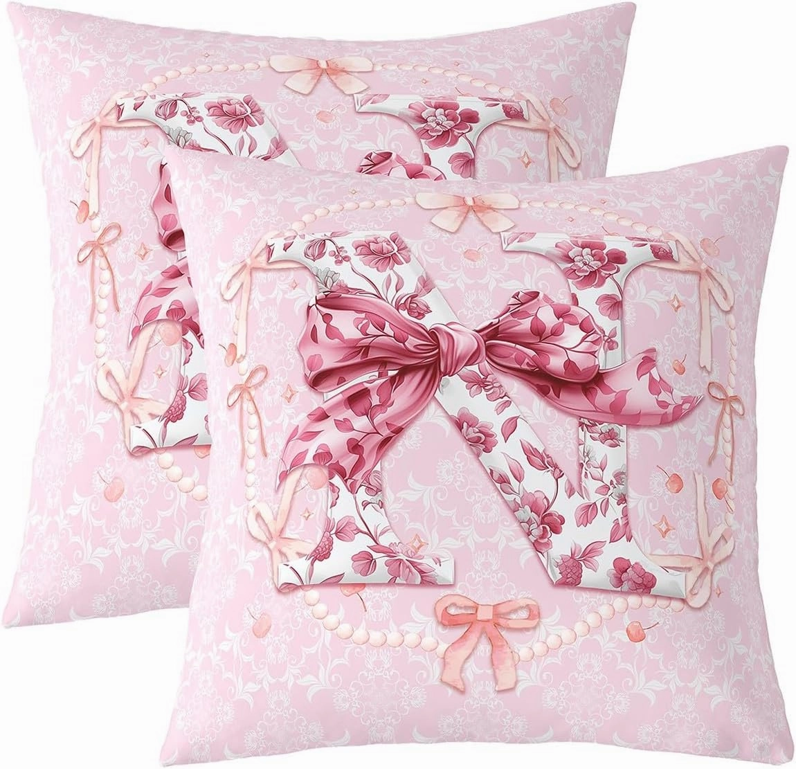 Erosebridal Teen Girl Coquette Bow Pillow Covers Set of 2 Fantasy Pink Initial Bow Throw Pillow Covers Monogram N Room Decor with Chic Floral Girly Rose Flower Bowknot Cushion Cases,22x22 Inch(N)