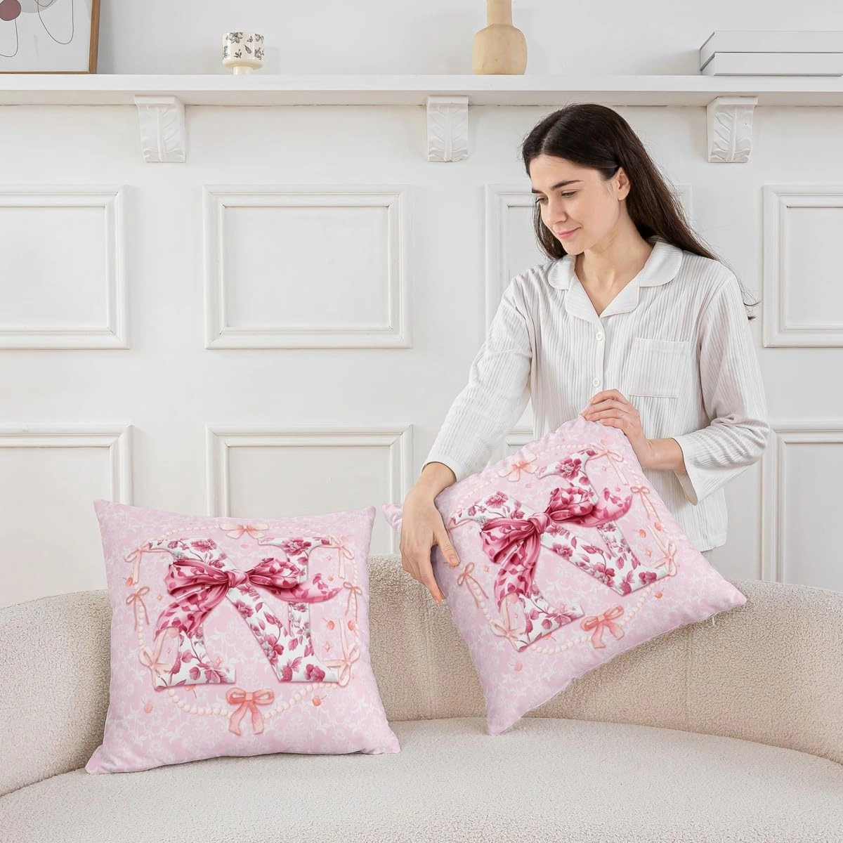 Erosebridal Teen Girl Coquette Bow Pillow Covers Set of 2 Fantasy Pink Initial Bow Throw Pillow Covers Monogram N Room Decor with Chic Floral Girly Rose Flower Bowknot Cushion Cases,22x22 Inch(N)