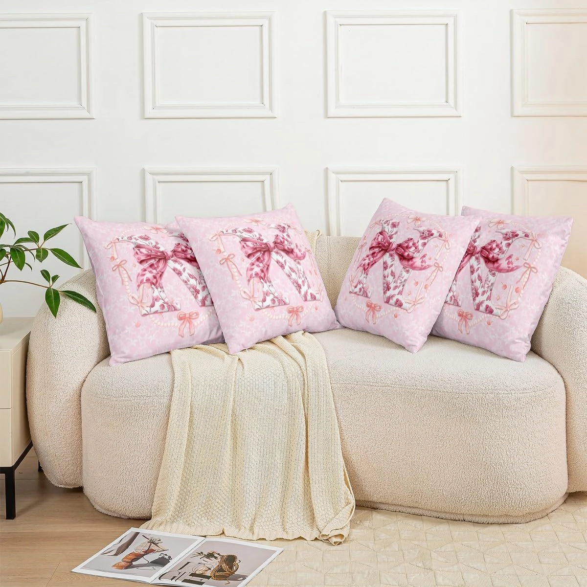 Erosebridal Teen Girl Coquette Bow Pillow Covers Set of 2 Fantasy Pink Initial Bow Throw Pillow Covers Monogram N Room Decor with Chic Floral Girly Rose Flower Bowknot Cushion Cases,22x22 Inch(N)