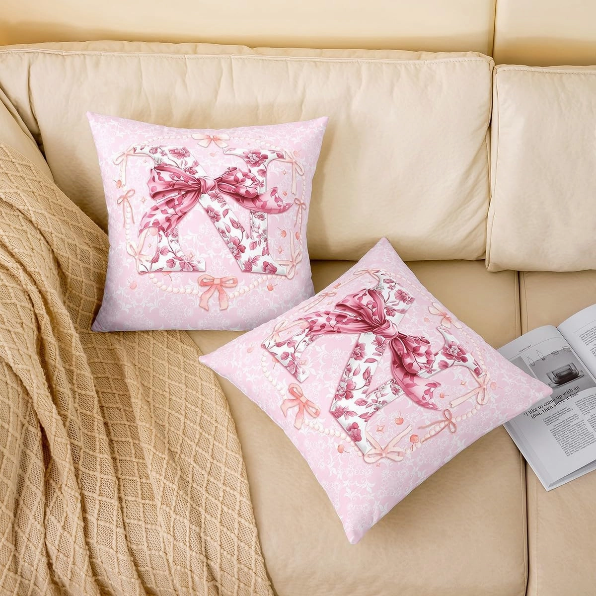 Erosebridal Teen Girl Coquette Bow Pillow Covers Set of 2 Fantasy Pink Initial Bow Throw Pillow Covers Monogram N Room Decor with Chic Floral Girly Rose Flower Bowknot Cushion Cases,22x22 Inch(N)