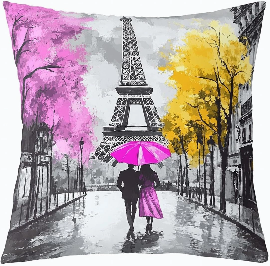 Erosebridal Valentine's Day Set of 4 Throw Pillow Covers 16x16 Inch, Couple Walking Pillow Covers, Romantic Eiffel Tower Cushion Covers, Cityscape Street Decorative Pillow Covers