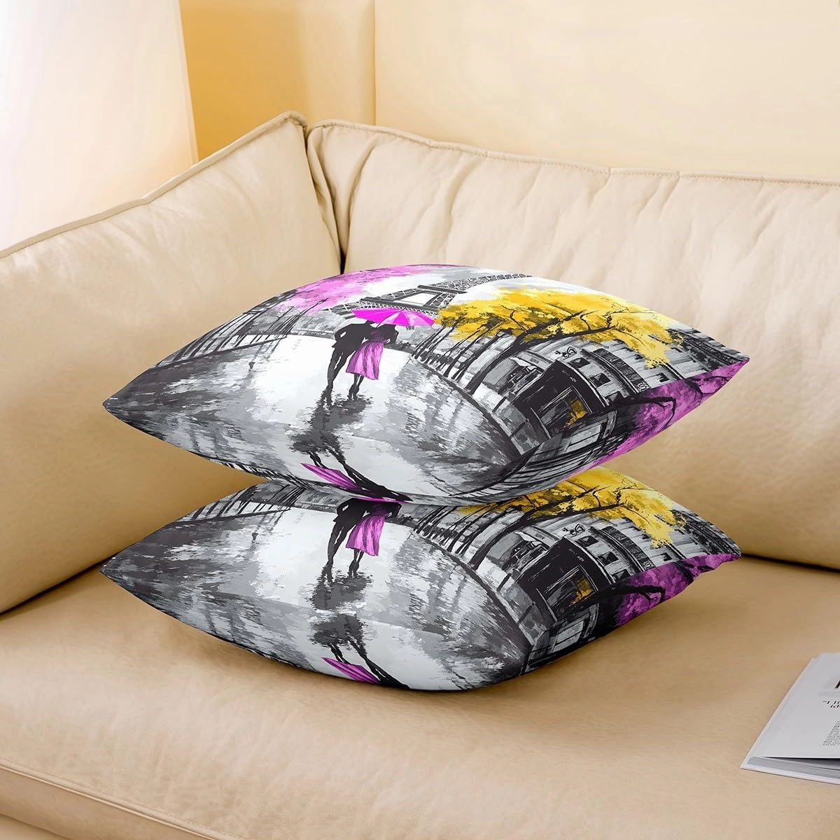 Erosebridal Valentine's Day Set of 4 Throw Pillow Covers 16x16 Inch, Couple Walking Pillow Covers, Romantic Eiffel Tower Cushion Covers, Cityscape Street Decorative Pillow Covers