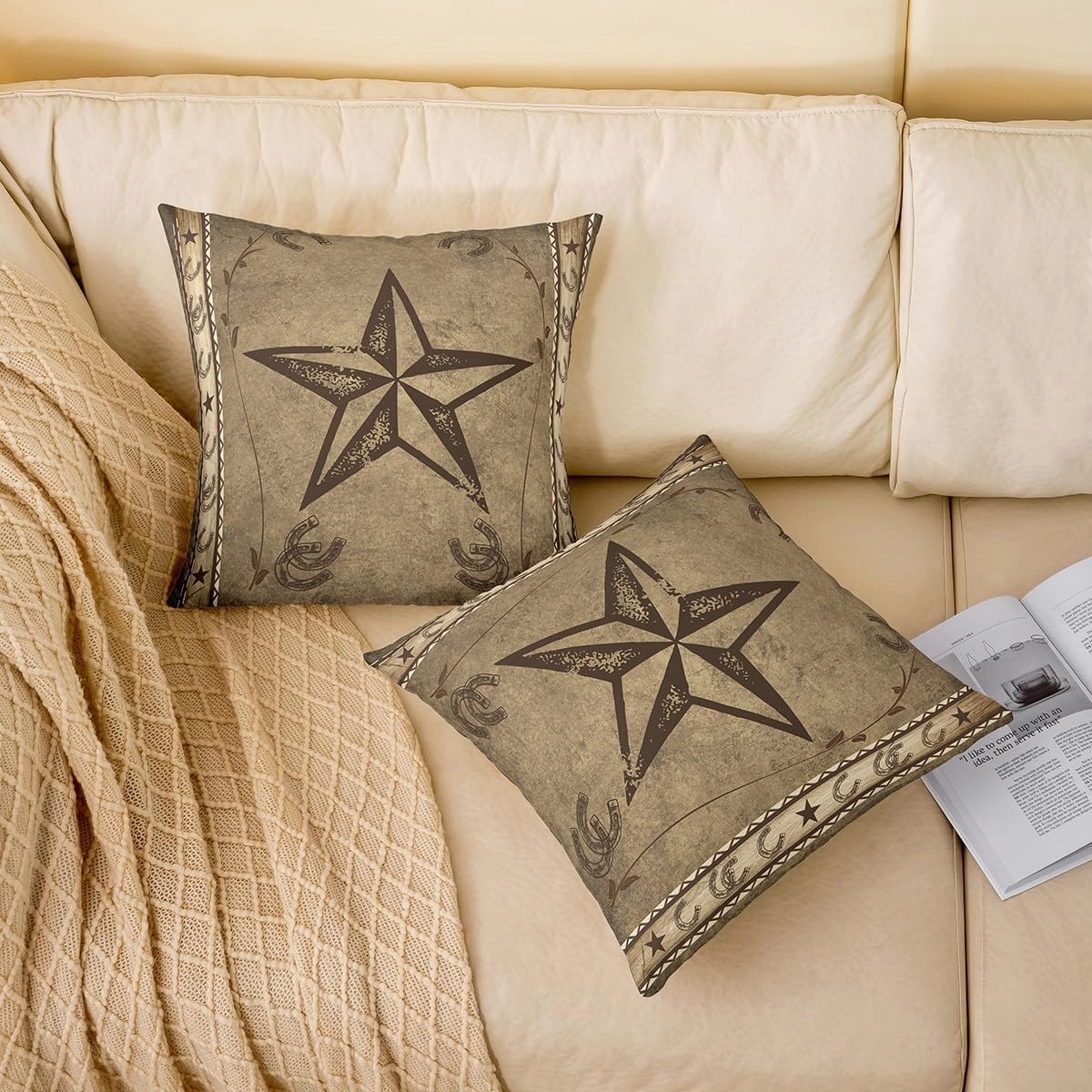 Erosebridal Western Texas Star Throw Pillow Cover 18x18 Inch,Rustic Farmhouse Pillow Cover,Horseshoe Cowboy Cushion Case,Retro Cabin Southwestern Decorative Square Pillow Case,Taupe